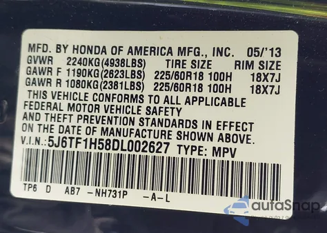 2013 Honda Crosstour Ex-L V6 from USA, damaged, VIN 5J6TF1H58DL002627
